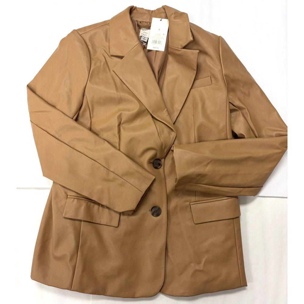 Faux Leather Jacket Womens Size Small Camel Brown Relaxed Fit Blazer Brand NEW